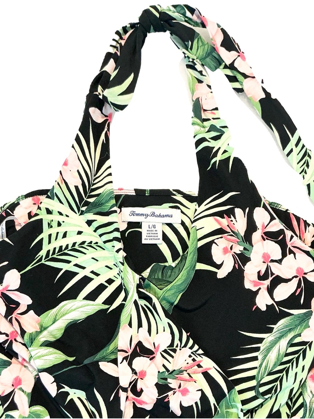 Tommy Bahama Black Halter Dress with Pink Floral & Green Leaves - Picture 2 of 5